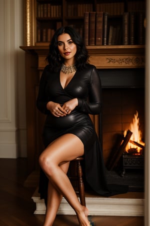 A refined 25 year old woman, black 90s bob hairstyle, sits poised in a warm glow, her raven hair styled elegantly against the soft light of (((one))) crackling fireplace. A short black dress hugs her curves, complemented by lustrous pearls at her neck. Behind her, walls lined with worn leather tomes and ornate antique furniture evoke a sense of nostalgia, as she sits amidst the comforting familiarity of a well-worn library. sher legs are crossed, showing her gorgeous thigh. Her dress is tight, showcasing her flat belly