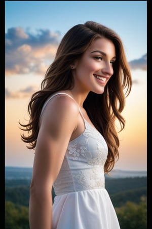 A stunning young woman with long hair and bright smile gazes off-camera to her left, her features illuminated by soft, warm light. Her slender figure is clad in a flowy white dress that drapes elegantly across her toned physique. Framed against a serene, cloudy blue sky, the subject's profile is set against a subtle gradient of gentle hills, conveying a sense of tranquility.