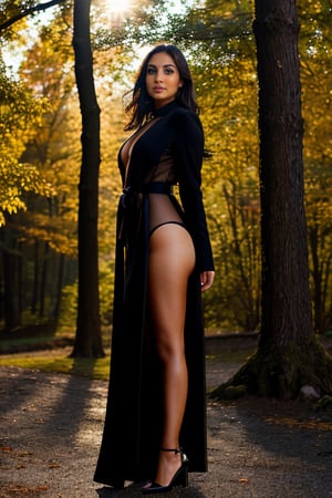 A full-frame image of a beautiful young Asian woman, 20 years old, with brown eyes, wearing a black transparent coat. She is posing for a professional photoshoot outdoors, eyes closed, in a full body shot. The composition is symmetrical, and the setting features natural lighting. The woman stands confidently with a slight, seductive smile, her pose accentuating her curves and showcasing her body features sensually. The black transparent coat reveals hints of her elegant form underneath. The image is a photorealistic masterpiece, intricately detailed, and captured in 8k resolution. The scene is complex and maximalist, showcasing maximum details and professional photography standards.