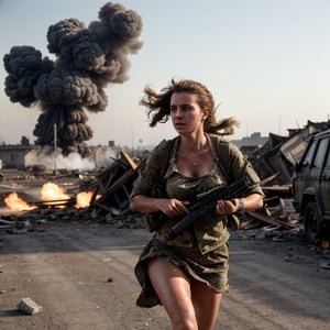 (high detailed skin: 1.2), detailed eyes, 8K, UHD, DSLR, soft lighting, high quality, film grain, FUJI, demolished buildings, torn and tattered dress, sweaty, completely ripped unbuttoned short, her breasts almost completely visible, not looking in camera, German soldiers approaching behind her

Second World War Russian Army female running for her life after a heavy explosion behind her, and buildings collapsing around her, (((she is carrying her rifle))), some minor cuts on her body