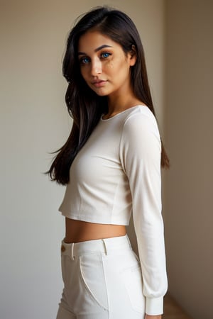 A full-frame, 3/4 length portrait of a young Asian woman, 20 years old. with a serene expression and a tousled updo. The soft, warm lighting should highlight her hair and illuminate her bronzed skin. (((Her eyes are brown))). She wears a neutral-colored, fitted long-sleeve top with a scooped neckline, and high-waisted creamy white trousers. Her posture is relaxed with her hands gently resting in front of her. The background should be soft and blurred to keep the focus on her elegant and natural pose. Side view, tight troussers 