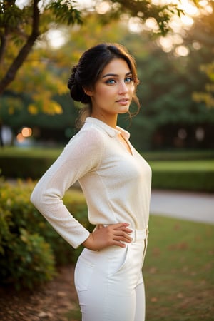 A full-frame, 3/4 length portrait of a young Asian woman, 20 years old. with a serene expression and a tousled updo. The soft, warm lighting should highlight her hair and illuminate her bronzed skin. Her eyes are brown. She wears a neutral-colored, fitted long-sleeve top with a scooped neckline, and high-waisted creamy white trousers. Her posture is relaxed with her hands gently resting in front of her. The background should be soft and blurred to keep the focus on her elegant and natural pose.side view, tight troussers 