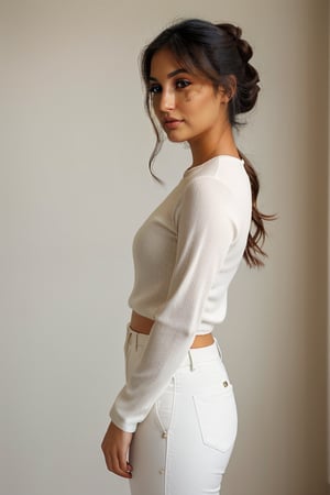 A full-frame, 3/4 length portrait of a young Asian woman, 20 years old. with a serene expression and a tousled updo. The soft, warm lighting should highlight her hair and illuminate her bronzed skin. (((Her eyes are brown))). She wears a neutral-colored, fitted long-sleeve top with a scooped neckline, and high-waisted creamy white trousers. Her posture is relaxed with her hands gently resting in front of her. The background should be soft and blurred to keep the focus on her elegant and natural pose. Side view, tight troussers 