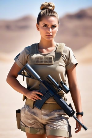 Cute Young female soldier, during R&R, tshirt, shorts, confident, hair in bun, weapon ready, desert. full body picture,(((photorealism:1.4))),perfect eyes,(((highly detailed)))