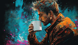 man with a coffee| dark background| anime style| key visual| intricate detail| highly detailed| breathtaking| vibrant| panoramic| cinematic| Carne Griffiths| Conrad Roset| ghibli,digital artwork by Beksinski,shards,glass,nodf_xl,art_booster