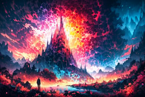 vorticism art,super colorful landscape painting,A man standing in a supernatural space, a mysterious atmosphere