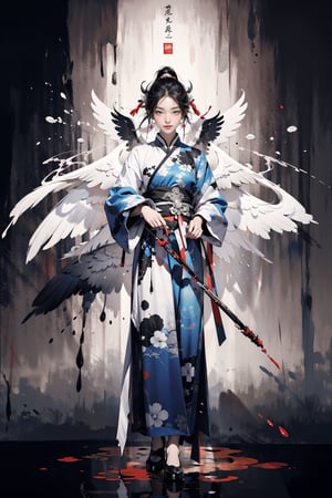 8k, (absurdres, highres, ultra detailed), (1 man:1.3), EpicArt,Chinese ink paint, ((colorful water inkSpot)) ,black and white,Chinese style, burgundy-blue theme, full body,chinese_clothes,ink splash,Splattered black ink,flawless,clean,Behind an angel are huge angel wings, Meticulous brush,Freehand splash ink,xuer Ancient style ink,dark background,