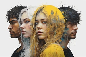 a group of young people(white,black,yellow,brown),(looking at the viewer),(sad),|  black Dark background| anime style| key visual| intricate detail| highly detailed| breathtaking| vibrant| panoramic| cinematic| Carne Griffiths| Conrad Roset| ghibli,digital artwork by Beksinski,art_booster,DonMM1y4XL,DOUBLE EXPOSURE