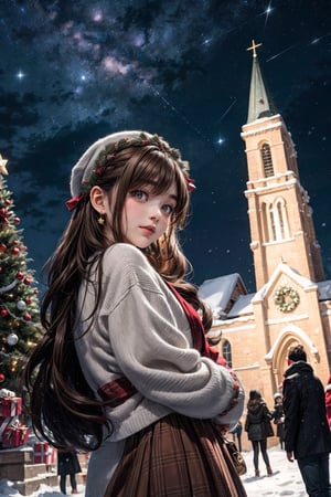 On Christmas Eve when it snowed, in the square in front of the church, dressed in Christmas clothes,((1 human girl, long brown hair)),(Low light source),((snowing outside)),(((At midnight))),((starry sky)), Gorgeously decorated Christmas tree