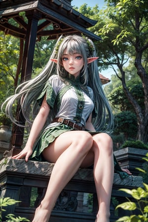 A tree-lined garden, a green garden, a stone gazebo with many climbing plants, and a silver-haired plump female elf sitting in the gazebo, her short skirt showing her thighs and bare feet, the 5 toes of her right foot and the 5 toes of her left foot are very beautiful