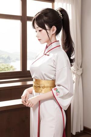 pony_tail,Korean_traditional_dress, paper_scroll