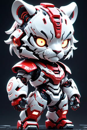 (masterpiece, best quality:1.5), EpicLogo, white armor, robot, red armor, white face, look on viewer, tiger style, central view, cute, hues, Movie Still, cyberpunk, full body, cinematic scene, intricate mech details, ground level shot, 8K resolution, Cinema 4D, Behance HD, polished metal, shiny, data, white background