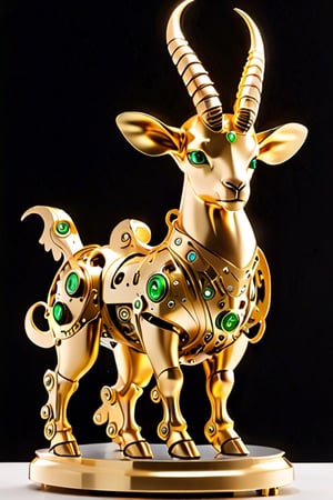 A golden mechanical Capricorn showcased against a solid white background. Its body is made of metallic materials, presenting a smooth and shiny appearance. The Capricorn is adorned with complex gears, mechanical parts, and ornaments, demonstrating a highly precise and stable mechanical structure. Its eyes are bright green LED lights, emitting a mechanical glow. The horns and hooves of the Capricorn exhibit a magnificent golden color, showcasing resilience and determination. The entire scene exudes an atmosphere of nobility and power. This high-definition image captures the blend of mechanical sophistication and zodiac symbolism, making it perfect for projects or designs related to astrology, technology, or futuristic concepts.