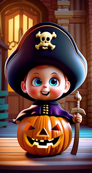 cartoon character classic, ((A Halloween pumpkin )), full shot, fluffy hair, a pirate hat, big eyes, cute face, anthropomorphic expressions, rich colors, exquisite details, masterpiece, realistic, artsation, cg, realistic, Unreal Engine, real light and shadow, Beautiful rich colors, amazing details, high quality, a pair of ears,3d