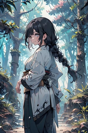 kind woman, black hair, medium hair, hair in braid down to her back, a single braid, dirty clothes, warrior, beast tamer, the killer of gods, black eyes, old clothes, alone, forest, kind smile, innocent, breasts small, tall woman, amazon, samurai, gray kimono jacket ideal for combat, wide pants, happy, friendly, good person,  masterpiece, good quality, swords well positioned at her waist, good hands, aquamarine belt.


