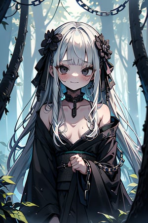 white hair, black eyes, dirty and poor black kimono, sad face, lost, sad smile, slave, chains, bangs, in the forest at night, high quality, absurd, the human who longed for freedom, long hair, masterpiece, excellent quality, excellent quality, perfect face,teenager, small breasts, 16 year old appearance.

