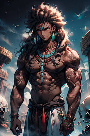 giant, muscular, ugly face, curly hair, black skin, Indian, tribal clothing, Mayan clothing, bone necklace.,dark skin,tan, man, masculine