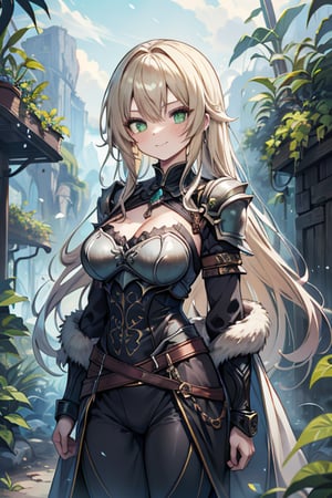 Woman with light blonde hair, big, tall, the strongest warrior in the world, plate armor, cold jacket, pantyhouse, bracers, chest, green eyes, friendly, free spirit, religious, valley of plants, no bangs, long hair , charming smile, a wonderful person, medium breasts, long stockings, long pants, long robe,golden armor, black clothes, groomed hair
