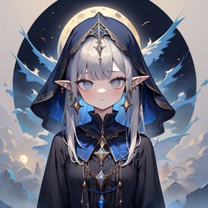 gray hair with blue tones, black witch clothes, moon earrings, gray eyes, dark circles, sleepy, dream witch, pointy ears, elf,  medium hair., veil,masterpiece, detailed, high quality, absurdres.