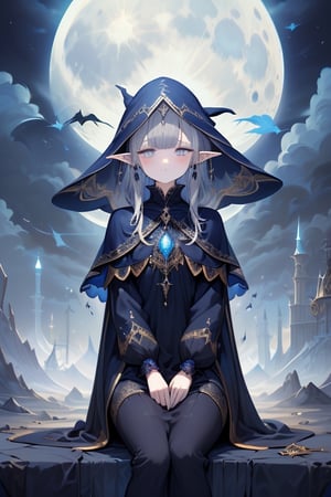 gray hair with blue tones, black witch clothes, moon earrings, gray eyes, dark circles, sleepy, dream witch, pointy ears, elf,  medium hair., veil,masterpiece, detailed, high quality, absurdres.