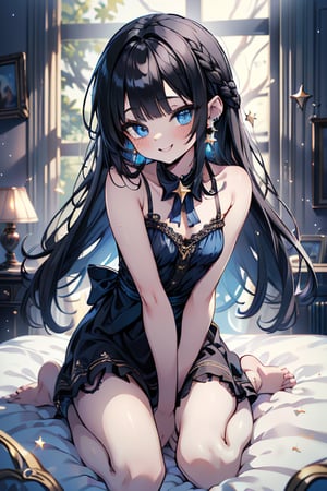 black hair, blue eyes, yellow babydoll, friendly face, killer, happy smile, bangs, masterpiece, star earrings, detailed, high quality, absurd, the strongest human of all, bearer of the world's hope masterpiece, excellent quality , excellent quality, perfect face, long hair, sexy pose, bed, small breasts

