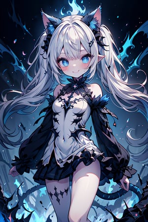 white hair, deep blue eyes, aura of dark power, the primordial of the underworld, goddess of flames, sadist, cat ears, cat tail, white dress with blue edges, right hand of lucifer, primordial goddess, masterpiece, very good quality, excellent quality, perfect face, small breasts, evil smile, egocentric, eyes with blue flames, horns, long sleeve, miniskirt, gothic, two pigtails, emanates the power of destruction, loli, small woman

