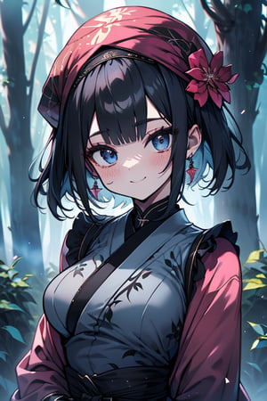 dark blue hair, blue eyes, pink kimono outfit with black edges, friendly face, a black spandex that covers his entire body, headscarf, killer, happy smile, bangs, in the forest at night, masterpiece, detailed, high quality, absurd, the strongest human of all, bringer of the world's hope, short hair, black lycra, masterpiece, excellent quality, excellent quality, perfect face, medium breasts

