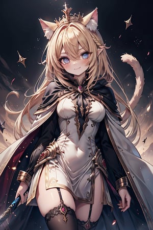 blonde, golden eyes, scholar, golden sorceress robe, queen's crown, long black stockings, smile, cat ears, 1 cat tail, nekomata, arrogant, narcissite, the most intelligent woman in the world, bearer of the eyes of knowledge , the genius of combat, laughter, masterpiece, good quality, excellent quality, AIR_BETWEEN_EYES, golden eyes, the fairy of pride, long hair, perfect face, bright pupils, (beautiful finely detailed eyes), metal dress, indomitable warrior, king's white cape, infinite swords.
