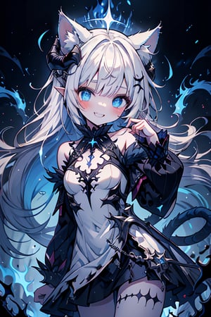 white hair, deep blue eyes, aura of dark power, the primordial of the underworld, goddess of flames, sadist, cat ears, cat tail, white dress with blue edges, right hand of lucifer, primordial goddess, masterpiece, very good quality, excellent quality, perfect face, small breasts, evil smile, self-centered, eyes with blue flames, horns, long sleeve, miniskirt, gothic, long hair, emanates the power of destruction, loli, small woman

