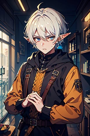 man, white hair, thief clothes, a siscon, arrogant, silly, serious, masterpiece, high quality, 4k, very good resolution,herochromatic, golden right eye and orange left eye, Fade cut for men, blue eyes,Elf's ears.
