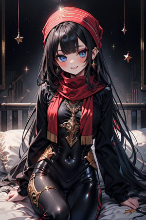 black hair, blue eyes, red scarf with gold stripes, the edges have small touches of gold, friendly face, a black spandex that covers his entire body, headscarf, killer, happy smile, bangs, masterpiece, star earrings, detailed , high quality, absurd, the strongest human of all, bearer of the world's hope, black lycra, masterpiece, excellent quality, perfect face, long hair, sexy pose, bed
