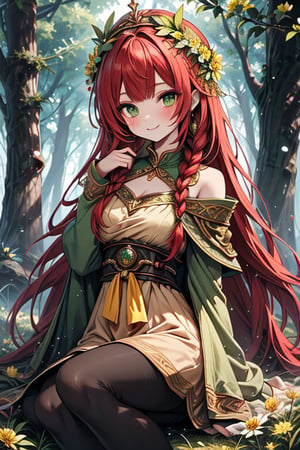 noble woman, princess, red hair, long braid, forest, medium chest, warrior, druid, green eyes, yellow dress,  good quality, masterpiece, hight,black pantyhose,loved by nature, kind face, noble smile, leader,green flower priestess costume,  flower crown.
