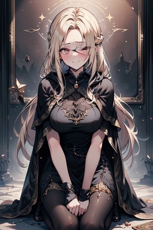 masterpiece, detailed, high quality, absurdres, blindfirekeeper, 1girl, solo, blush, medium breasts, curvy, black dress, see-through, black capelet, black tunic like a clairvoyant, guardian of the future, friendly smile, blonde, golden eyes, long hair, astrology room,kneeling,covered eyes-


,blindfirekeeper