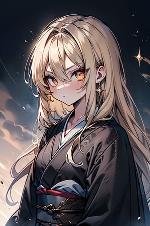 Blonde, long hair, golden eyes, asshole, man, strong, friendly, antisocial, long black kimono, silly, warrior, perfect face, good quality, excellent quality, masterpiece,
