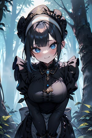 dark blue hair, blue eyes, yellow maid outfit, friendly face, a black spandex that covers her entire body, headscarf, killer, happy smile, bangs, in the forest at night, masterpiece, detailed, high quality, absurd, the strongest human of all, bearer of the world's hope, short hair, black lycra, black pantyhouse, masterpiece, excellent quality, excellent quality, perfect face, medium breasts

