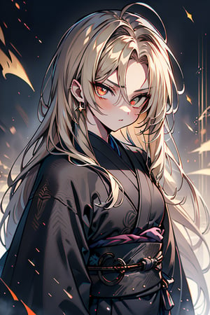 Blonde, long hair, golden eyes, asshole, man, strong, friendly, antisocial, long black kimono, silly, warrior, perfect face, good quality, excellent quality, masterpiece,
