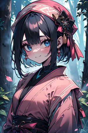 dark blue hair, blue eyes, pink kimono outfit with black edges, friendly face, a black spandex that covers his entire body, headscarf, killer, happy smile, bangs, in the forest at night, masterpiece, detailed, high quality, absurd, the strongest human of all, bringer of the world's hope, short hair, black lycra, masterpiece, excellent quality, excellent quality, perfect face.
