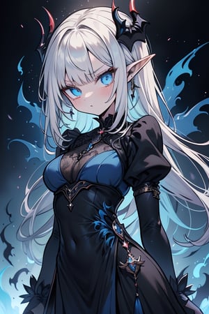white hair, deep blue eyes, aura of dark power, the most powerful being in the world, the most powerful vampire on earth, queen of darkness, lost look, pointed ears, black dress with blue borders, killer of gods, the one who I finished with Lucifer, incarnation of the dragon gods, masterpiece, very good quality, excellent quality, perfect face,small breasts, serious and arrogant face, quiet, kuudere, eyes with blue flames, looking down, as if she were on top of the world,fancy clothes, fancy dress, lots of bangs.