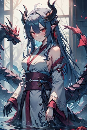 dragon woman, wingless, medium hair, shy face, blue kimono, blue hair, dragon horns, dragon tail, red eyes, dragon horns, medium breasts, beautiful, the sword maiden, tail attached to the body, her power comes from of primordial water, masterpiece, very good quality, excellent quality, perfect face, samurai, mother of the family, master of combat, wise, bangs that cover her eyes.
