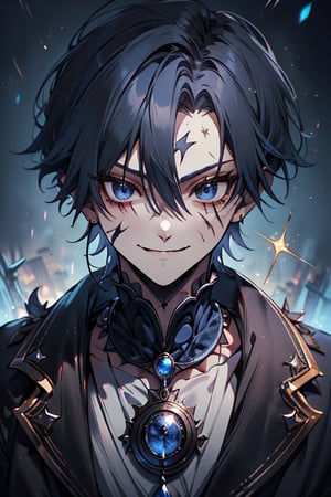 Man, dark blue hair, blue magician tunica, wide pants, friendly face, comedian, black gloves, happy smile, masterpiece, detailed, high quality, absurd, killer, prediction magician, very short hair, masterpiece, excellent quality , excellent quality, perfect face,beefy warrior scar on face




