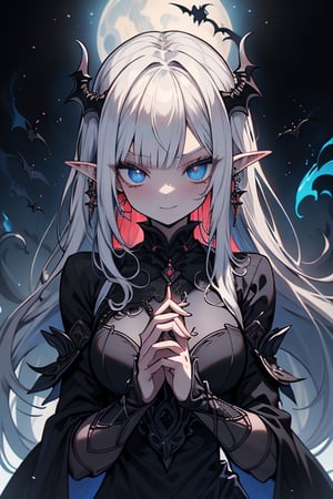 white hair, deep blue eyes, aura of dark power, the most powerful being in the world, the most powerful vampire on earth, queen of darkness, lost look, pointed ears, black dress with blue borders, killer of gods, the one who I finished with Lucifer, incarnation of the dragon gods, masterpiece, very good quality, excellent quality, perfect face.
