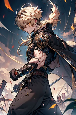 Blonde, short hair, golden eyes, asshole, man, strong, friendly, antisocial, long black kimono, muscular, dumb, warrior, perfect cape, good quality, excellent quality, masterpiece, wide martial arts pants.,yellow eyes,male focus,1boy