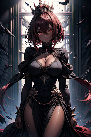 The queen of the abyss, queen costume, dark red hair, short hair, long dress close to the body, black eyes, the fastest woman in the world, tall, powerful, crown, the supreme empress, masterpiece, good quality, excellent quality , good resolution. Penetrating, expressive eyes and an athletic, powerful figure that reflects her skill in combat, pure darkness, alone, she is the darkness, the night, no light is seen, dark room, skin gray as ash, dark skin.
