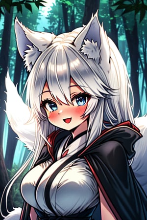 white hair, blue eyes, coat with blue vintage style cape, friendly face, skirt, killer, happy smile, blows, in the forest at night, masterpiece, detailed, high quality, absurd, long hair, black stockings, masterpiece, excellent quality, perfect face, medium breasts, kitsune ears, kitsune tail.

