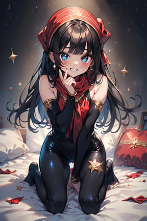 black hair, blue eyes, yellow babydoll with black edges, a red bandana with gold stripes, the edges have small gold touches, friendly face, a black spandex that covers her entire body, headscarf, killer, happy smile, bangs, masterpiece, star earrings, detailed, high quality, absurd, the strongest human of all, bearer of the world's hope, black lycra, masterpiece, excellent quality, excellent quality, perfect face, long hair, sexy pose, bed
