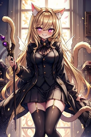 blonde, golden eyes, scholar, black jacket, elegant white, long golden stockings, confident smile, cat ears, 1 cat tail, nekomata, arrogant, narcissite, the most intelligent woman in the world, bearer of the eyes of knowledge, the combat genius, laughter, masterpiece, good quality, excellent quality, AIR_BETWEEN_EYES, STAFF, golden eyes, the pride fairy, long hair, perfect face, bright pupils (finely detailed). beautiful eyes,
