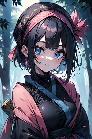 dark blue hair, blue eyes, pink kimono outfit with black edges, friendly face, a black spandex that covers his entire body, headscarf, killer, happy smile, bangs, in the forest at night, masterpiece, detailed, high quality, absurd, the strongest human of all, bringer of the world's hope, short hair, black lycra, masterpiece, excellent quality, excellent quality, perfect face, medium breasts

