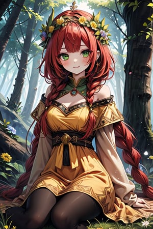 noble woman, princess, red hair, long braid, forest, medium chest, warrior, druid, green eyes, yellow dress,  good quality, masterpiece, hight,black pantyhose,loved by nature, kind face, noble smile, leader,green flower priestess costume,  flower crown.
