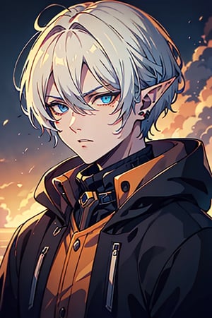 man, white hair, thief clothes, a siscon, arrogant, silly, serious, masterpiece, high quality, 4k, very good resolution,herochromatic, golden right eye and orange left eye, Fade cut for men, blue eyes,Elf's ears.
