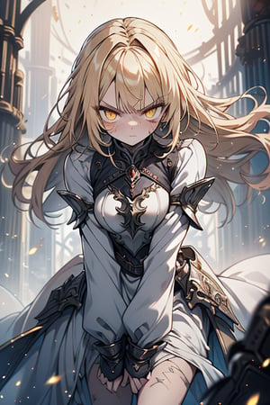 blonde, golden eyes, angry look, long hair, desert knight, hates magic, candys a long elegant white tunic, armor on her hands, legs and arms, gray and white dress, appearance of a warrior, strong woman, scars all over the body, golden eyes, perfect face, very good quality, masterpiece, excellent quality.,yellow eyes,blonde hair